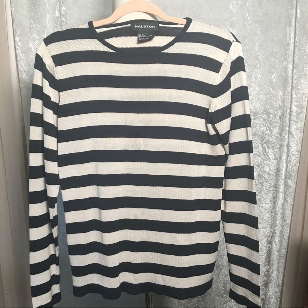 Halston Silk Polo ladies shirt striped Navy Blue long sleeve  Size M